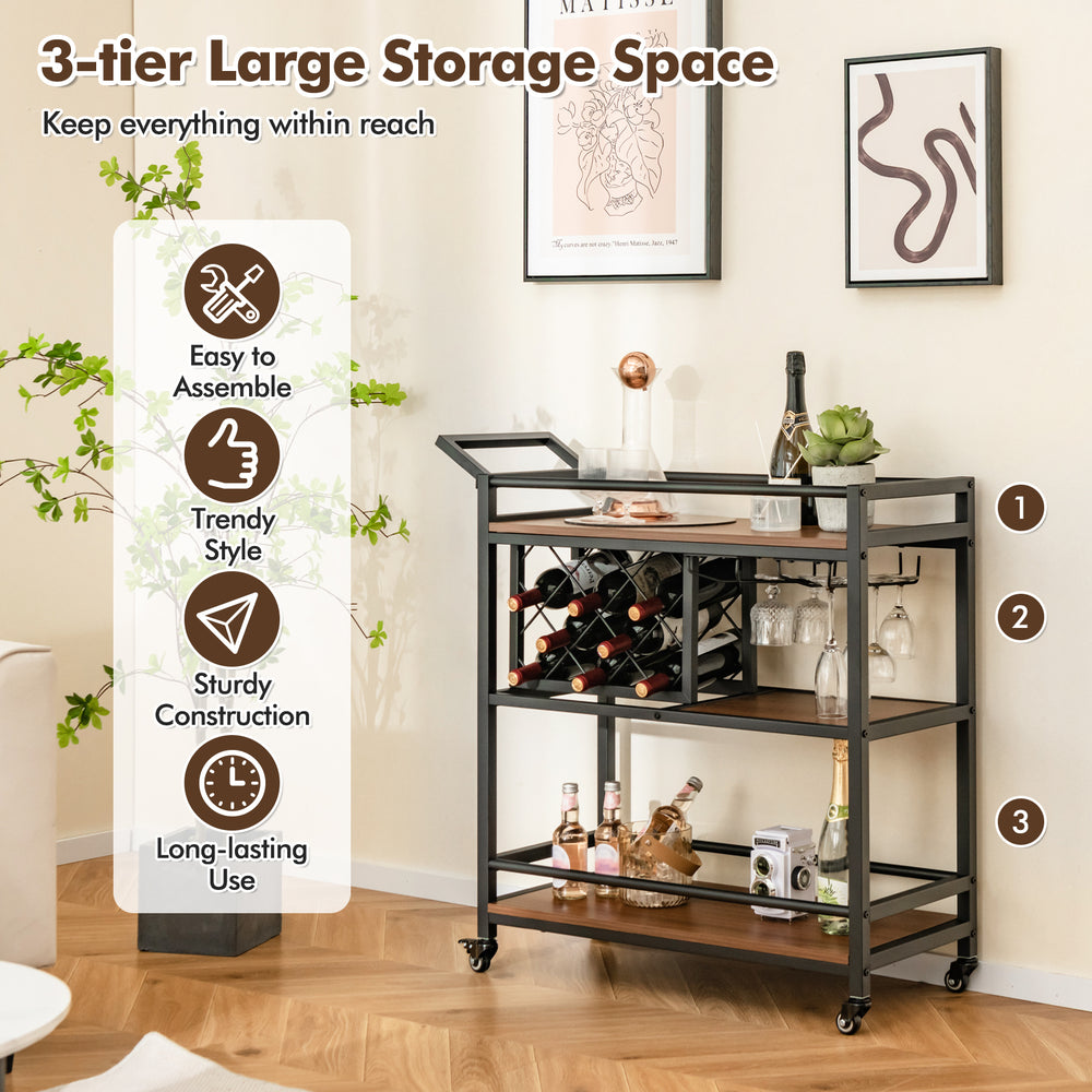 3-tier bar cart with brown shelves and dedicated wine rack, featuring a convenient side handle for easy maneuverability.