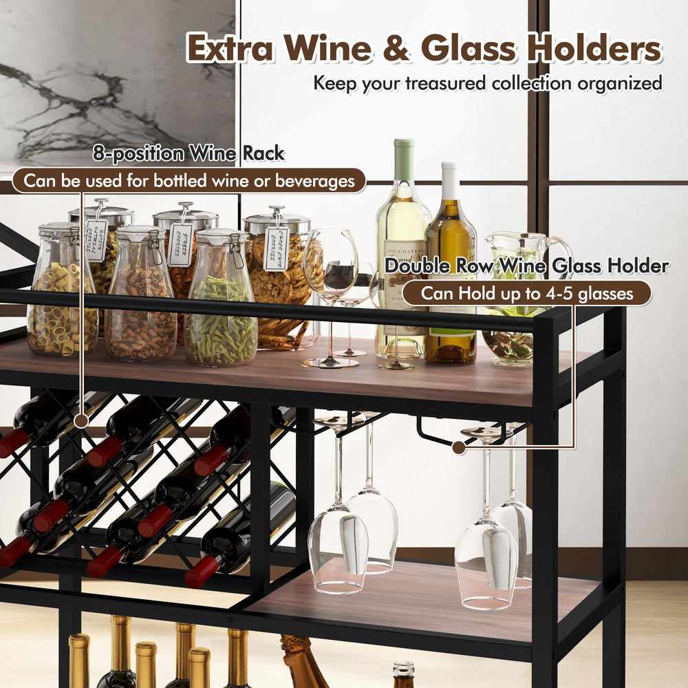 3-tier brown bar cart with wine rack and glass holders, perfect for serving beverages in home kitchens.