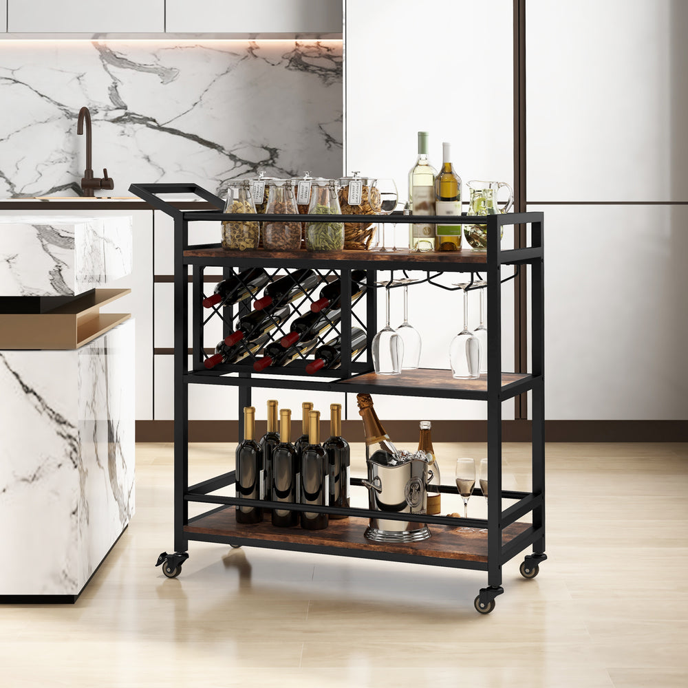 3-tier Bar Cart on Wheels Home Kitchen Serving Cart with Wine Rack and Glasses Holder-Rustic Brown - Gallery View 1 of 10
