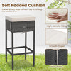 Wicker bar table with soft padded cushion, hidden storage shelves, and ergonomic footrest for outdoor comfort.