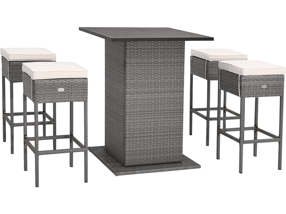5 Pieces Outdoor Wicker Bar Table Set with Hidden Storage Shelves-White