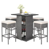 5-piece outdoor wicker bar table set with hidden storage, soft cushions, and ergonomic footrest for backyard relaxation.