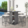Side view of the 5 Pieces Outdoor Wicker Bar Table Set, featuring hidden storage shelves and stylish cushions for.
