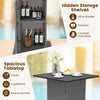 Outdoor wicker bar table set showcasing hidden storage shelves and spacious tabletop for drinks and appetizers.