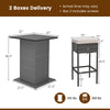 Outdoor wicker bar table set featuring hidden storage shelves and soft cushions, perfect for patio or backyard use.