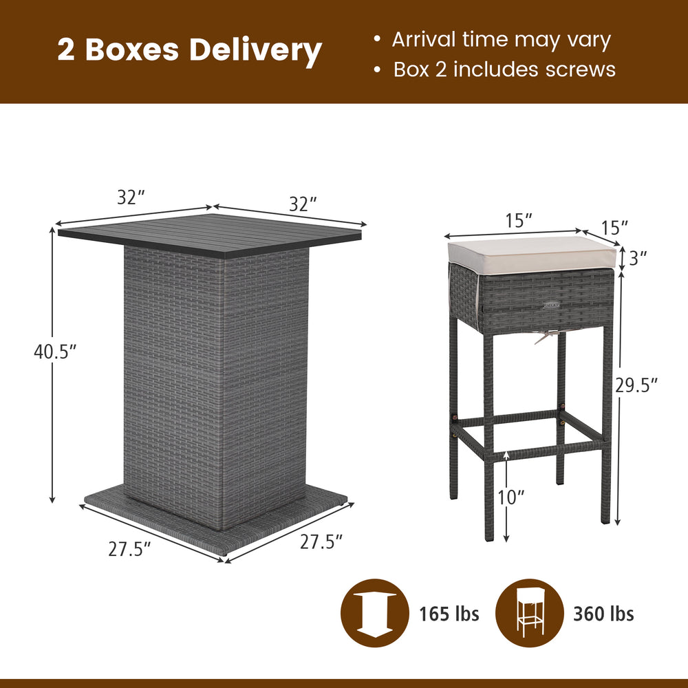 Outdoor wicker bar table set featuring hidden storage shelves and soft cushions, perfect for patio or backyard use.