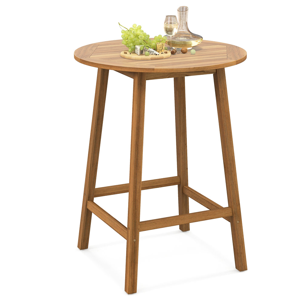 Round bar height table made of solid acacia wood with slatted top and umbrella hole, ideal for outdoor use.