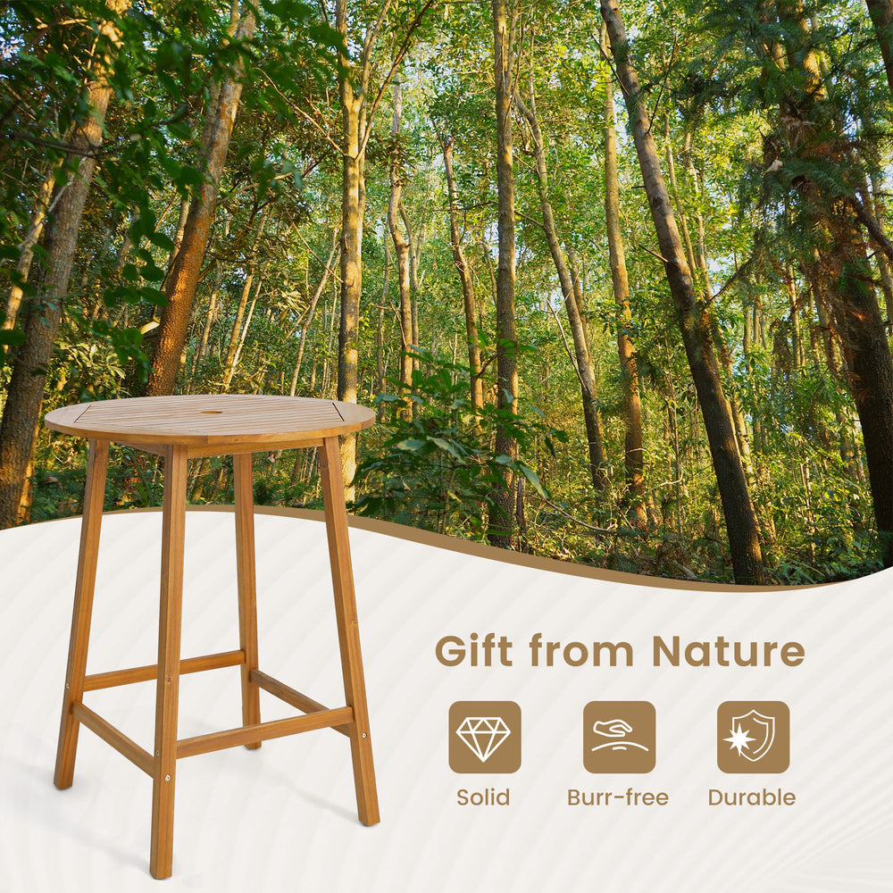 Bar height table made of solid acacia wood with slatted tabletop and umbrella hole, ideal for outdoor use.
