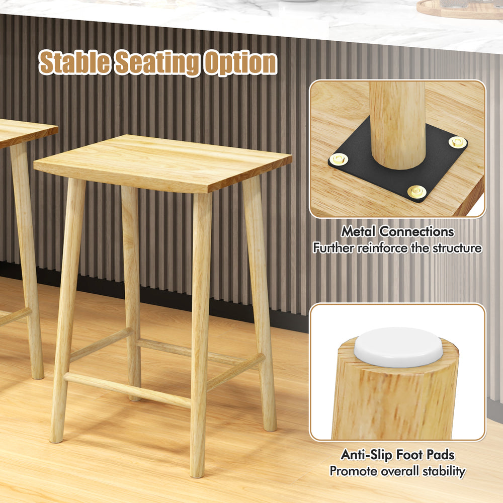 Natural rubber wood bar stool with footrest and anti-slip pads, designed for stability in home bar settings.