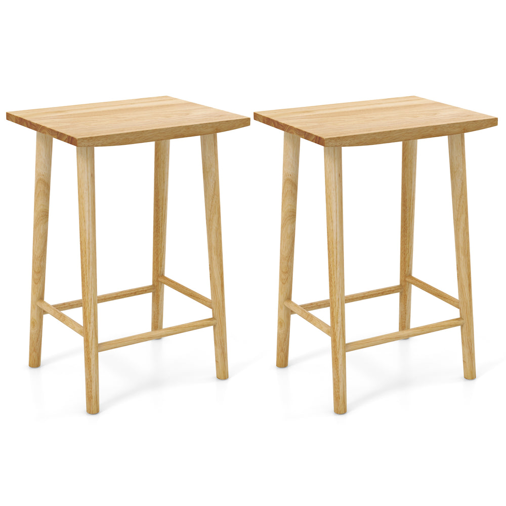 Set of 2 natural 25.5-inch bar stools made of solid rubber wood with footrest, perfect for home bar settings.