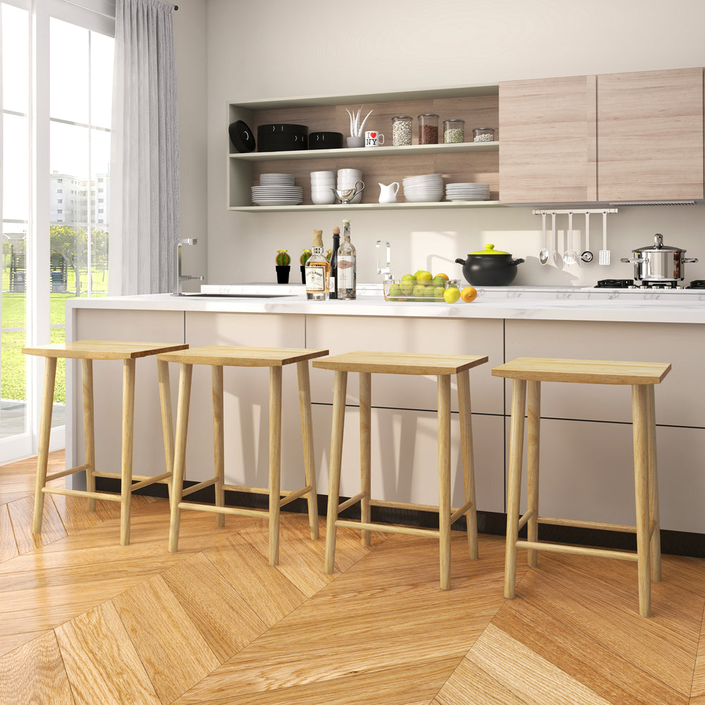 Set of 2 natural 25.5-inch bar stools with footrest, crafted from solid rubber wood for home bar settings.