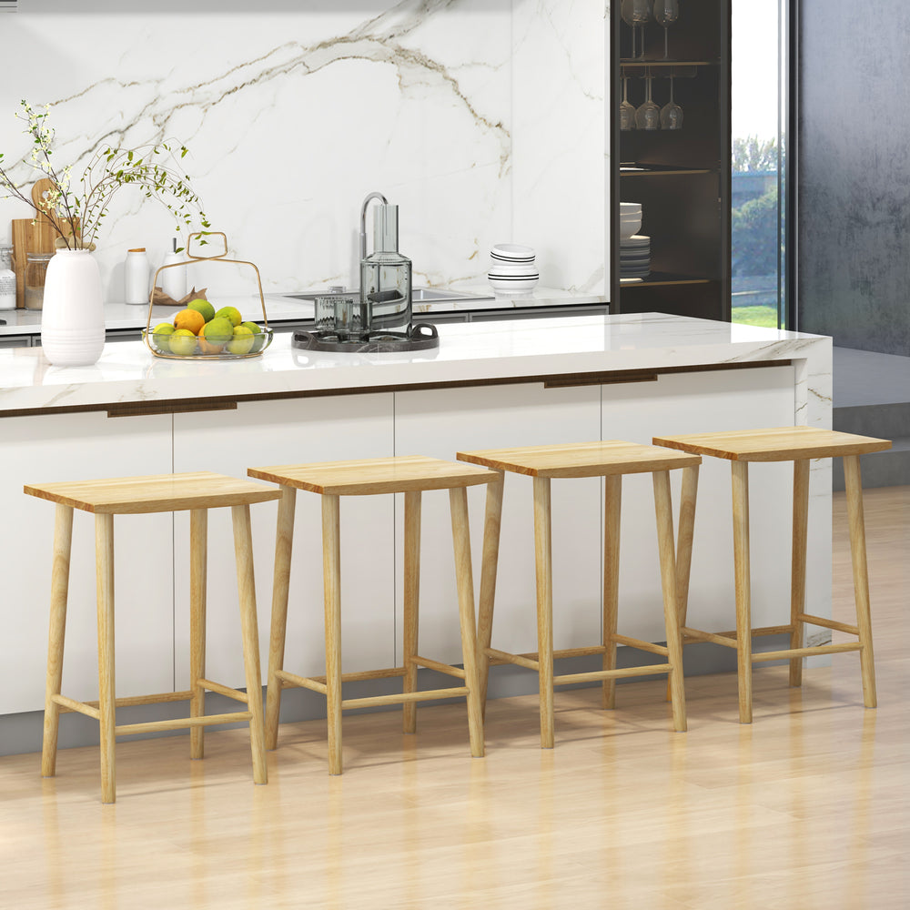 Natural rubber wood bar stools set of 2, 25.5 inches high, featuring footrests for comfort in a sleek kitchen setting.