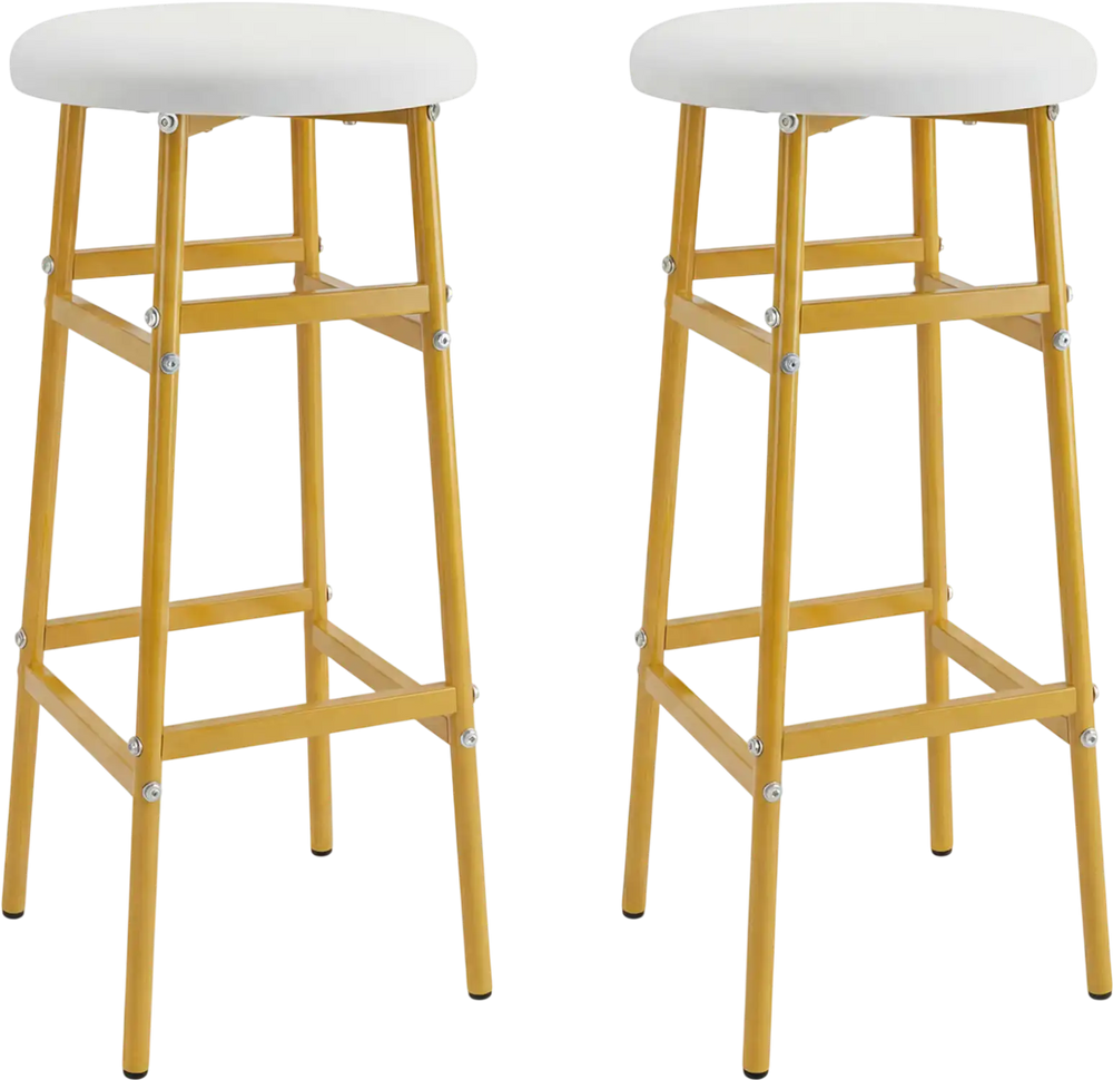 Set of 2 bar stools with sturdy metal frame, white padded seats, and ergonomic design for kitchen island or home bar.