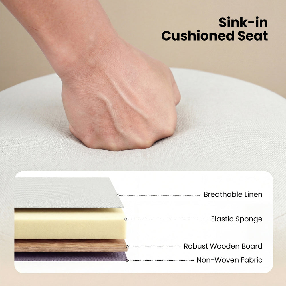 Close-up of the cushioned seat of a bar stool, featuring breathable linen and elastic sponge for comfort and durability.