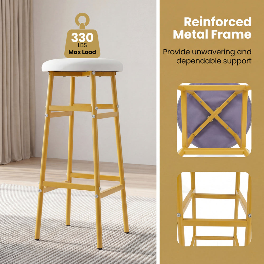 Backless bar stool with sturdy metal frame, white linen fabric, and ergonomic design for kitchen island or home bar use.