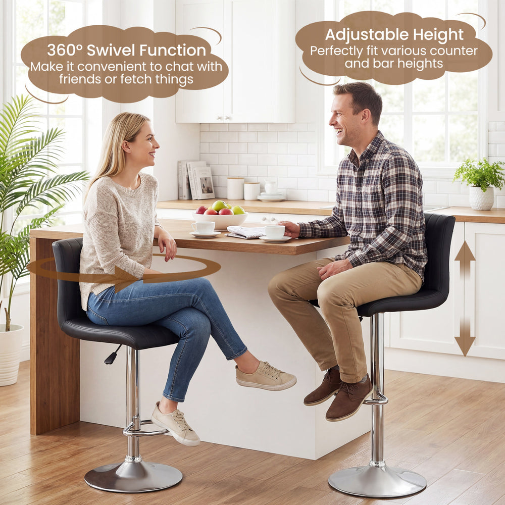 Adjustable black swivel bar stools with backrest and footrest, perfect for kitchen islands and home bars.