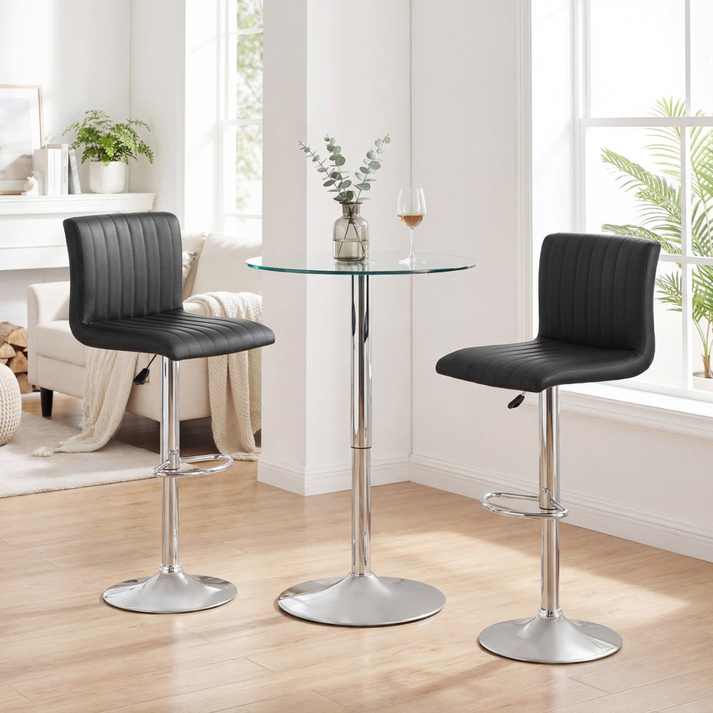 Modern black adjustable swivel bar stool with supportive backrest and chrome base, ideal for dining rooms or breakfast.