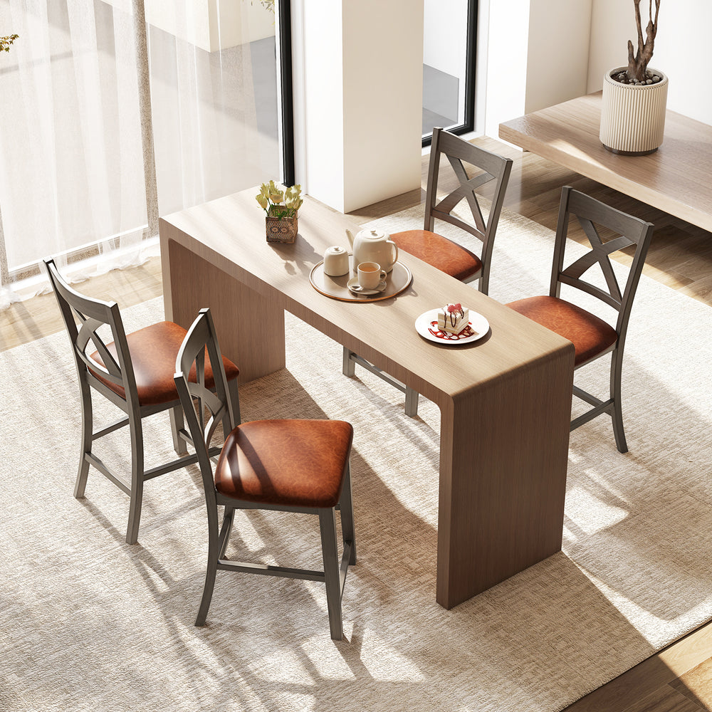 Gray bar stools with cross back and faux leather upholstered seats, featuring sturdy rubber wood frame for stylish.