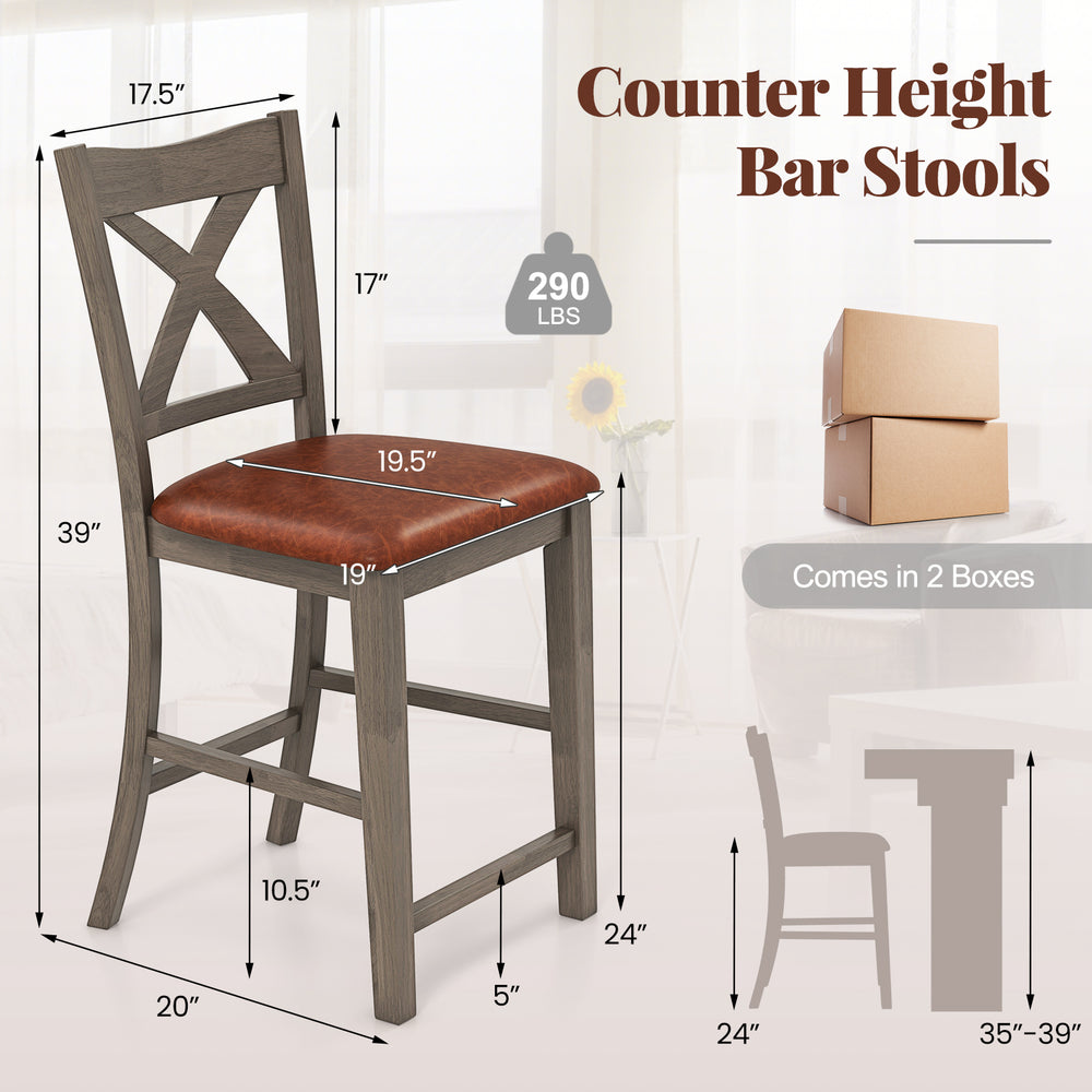 Counter height bar stool with gray cross back and faux leather seat, designed for comfort and sturdy support.