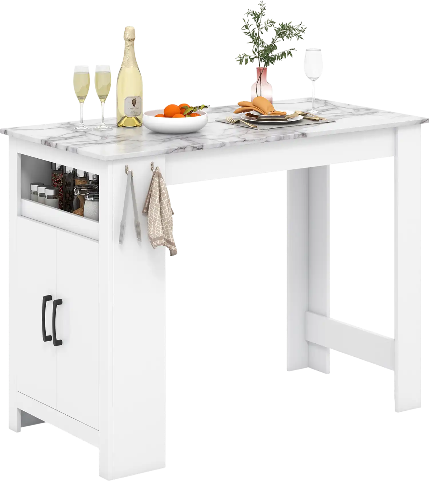 Costway Faux Marble Bar Pub Dining Table w/ 7 Hooks Compartment 37641285 New