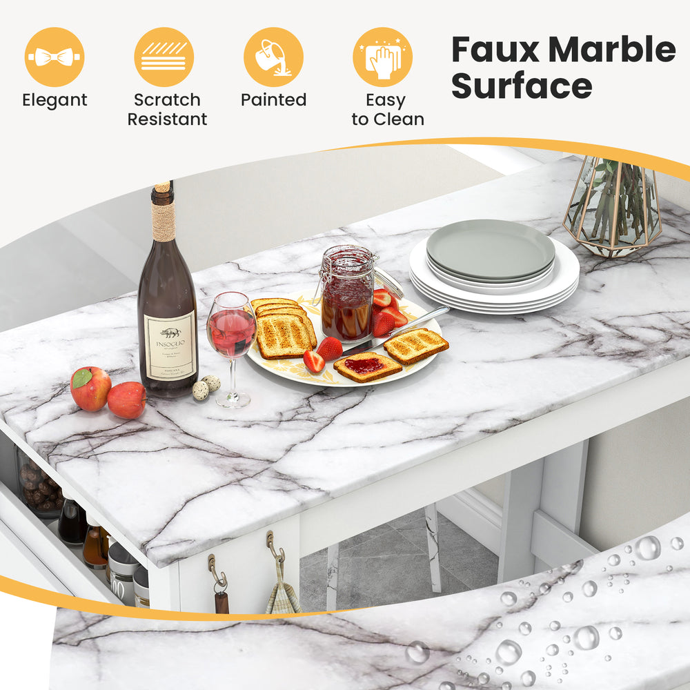 Faux marble bar table with 7 hanging hooks, adjustable shelf, and elegant design for stylish home storage.