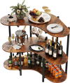 3-tier rustic brown liquor bar table with stemware racks and storage shelves, perfect for home or party use.