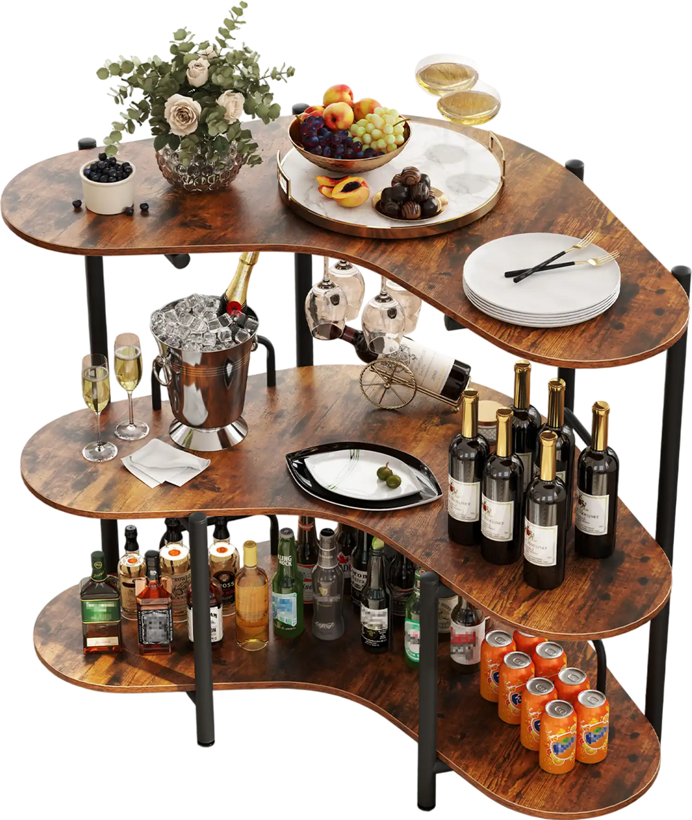 3-tier rustic brown liquor bar table with stemware racks and storage shelves, perfect for home or party use.