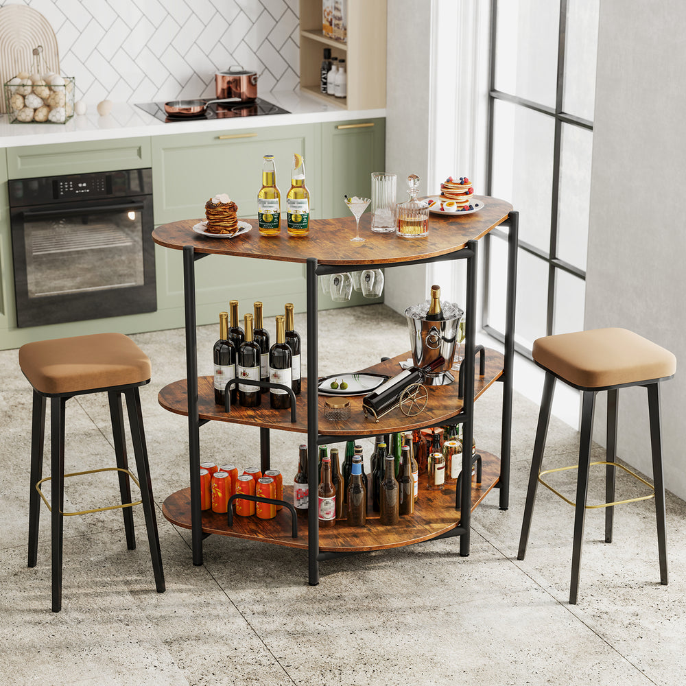 Rustic brown 3-tier liquor bar table showcasing wine and glassware with sturdy metal frame, ideal for home or coffee.