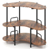 3-tier rustic brown liquor bar table with metal frame, stemware racks, and storage shelves for home or bar use.