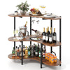3-tier rustic brown liquor bar table with stemware racks, sturdy metal frame, ideal for home or party use.