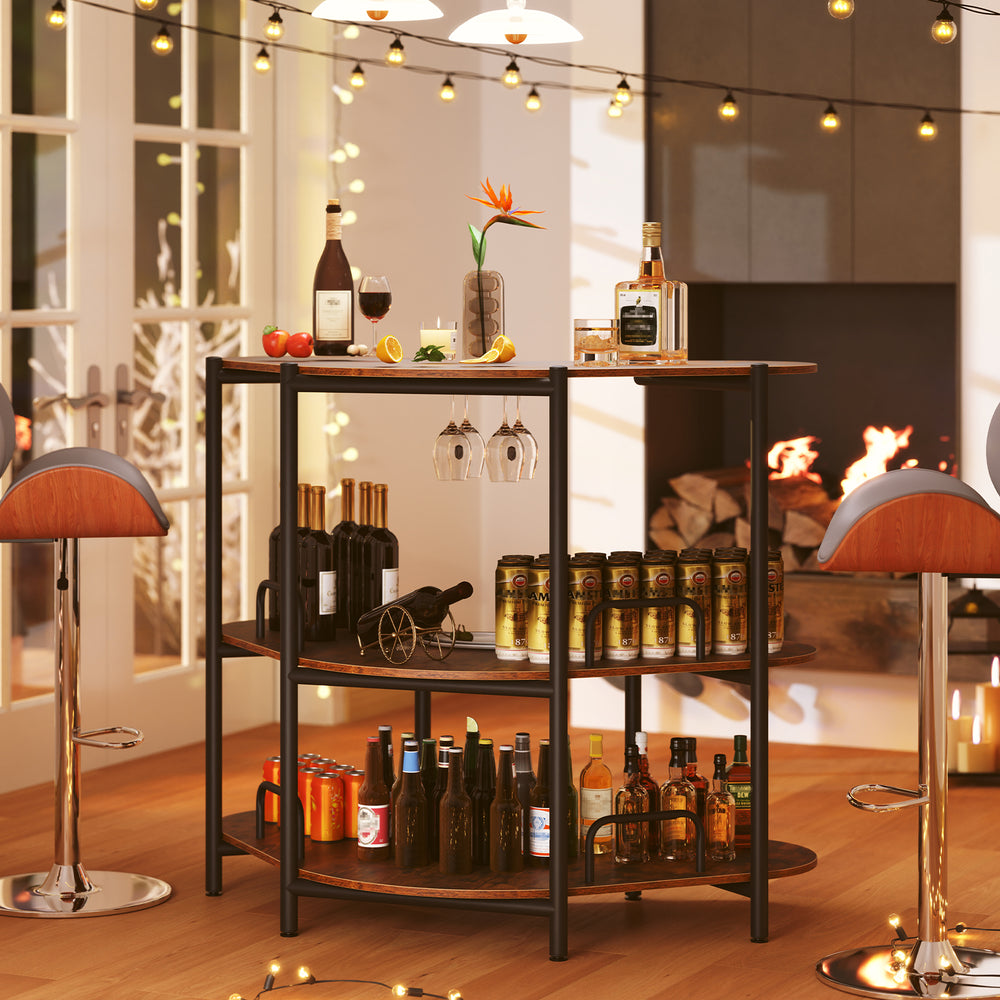 3-tier liquor bar table in rustic brown featuring sturdy powder-coated metal frame and adjustable foot pads for.