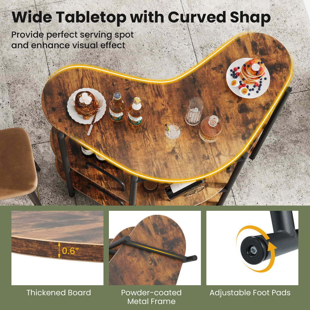 3-tier liquor bar table in rustic brown with curved tabletop, stemware racks, and sturdy powder-coated metal frame.