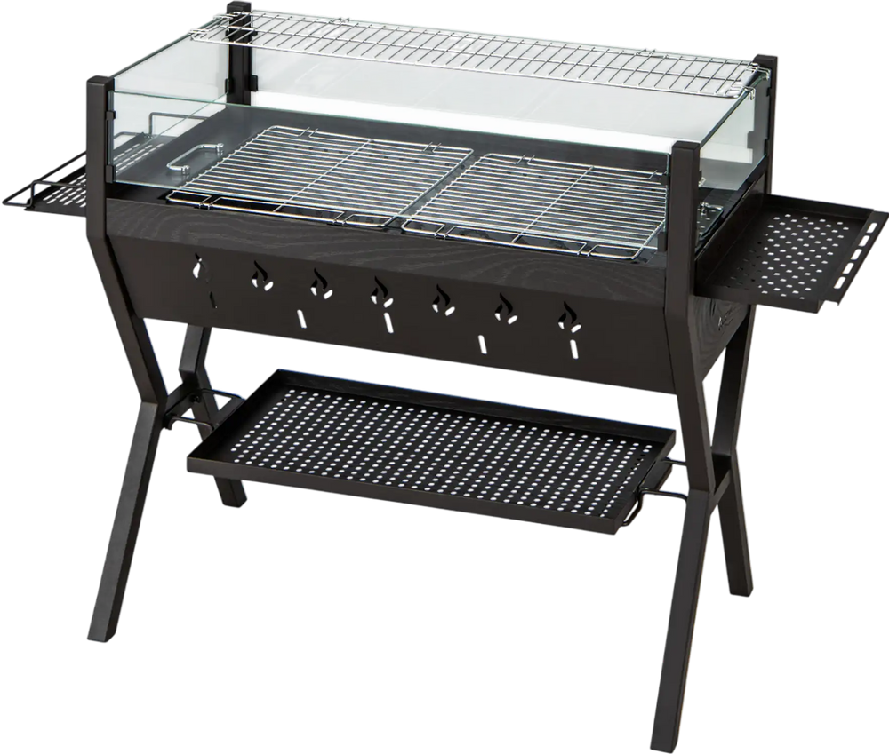 Barbecue charcoal grill with wind guard, 280 sq.in. grilling area, stainless steel grates, and side seasoning racks.