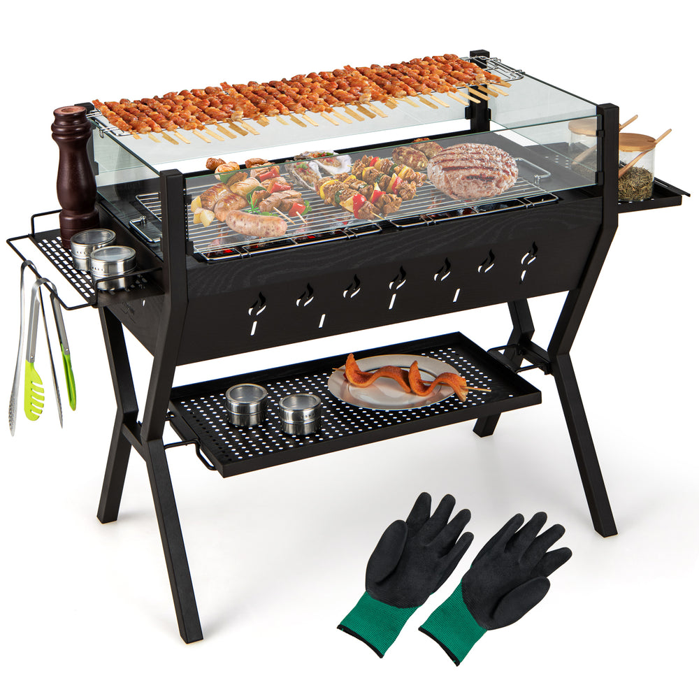 Barbecue charcoal grill with wind guard, featuring 280 sq.in. cooking area and side seasoning racks for easy access.