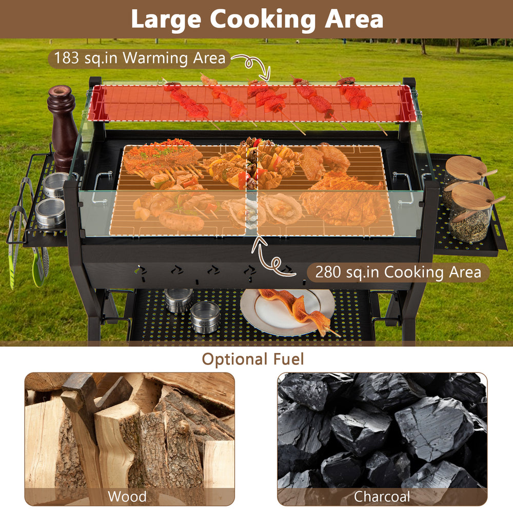 Large barbecue charcoal grill with 280 sq.in. cooking area, stainless steel grates, and side seasoning racks for.