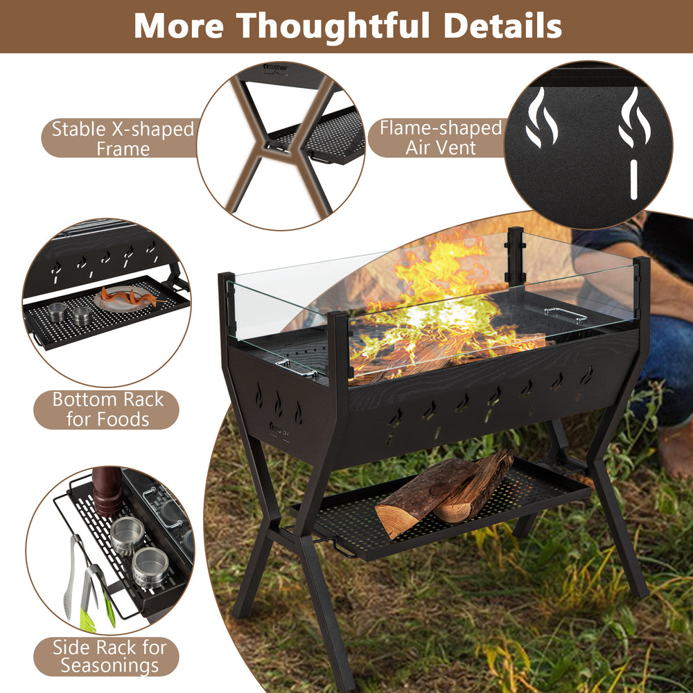 Barbecue charcoal grill with wind guard, seasoning racks, and stable X-shaped frame for versatile outdoor cooking.
