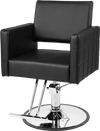 Black barber salon chair with hydraulic pump, adjustable height, and 360° swivel for comfort and stability.