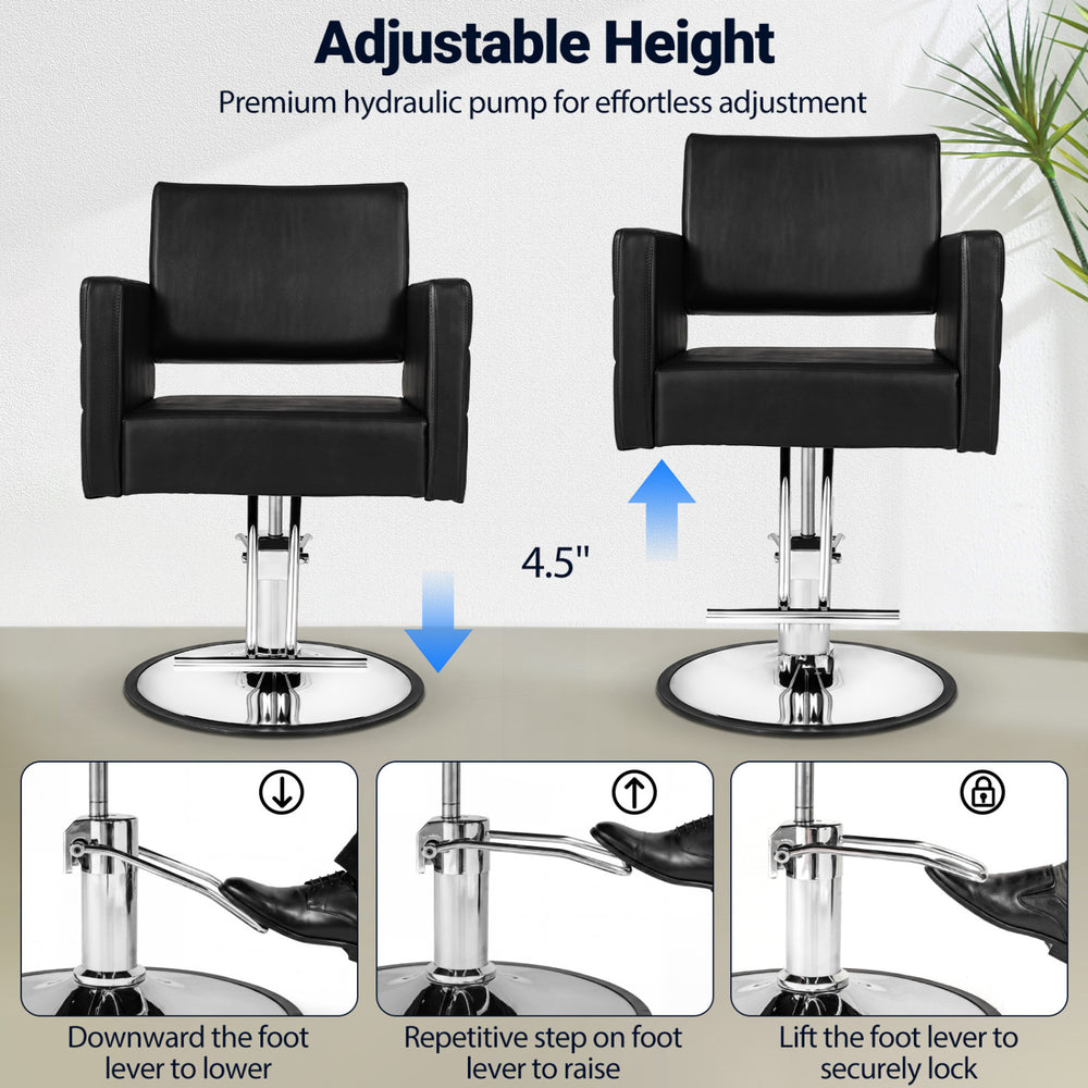 Barber salon chair with adjustable height, hydraulic pump, and ergonomic design for client comfort and stability.