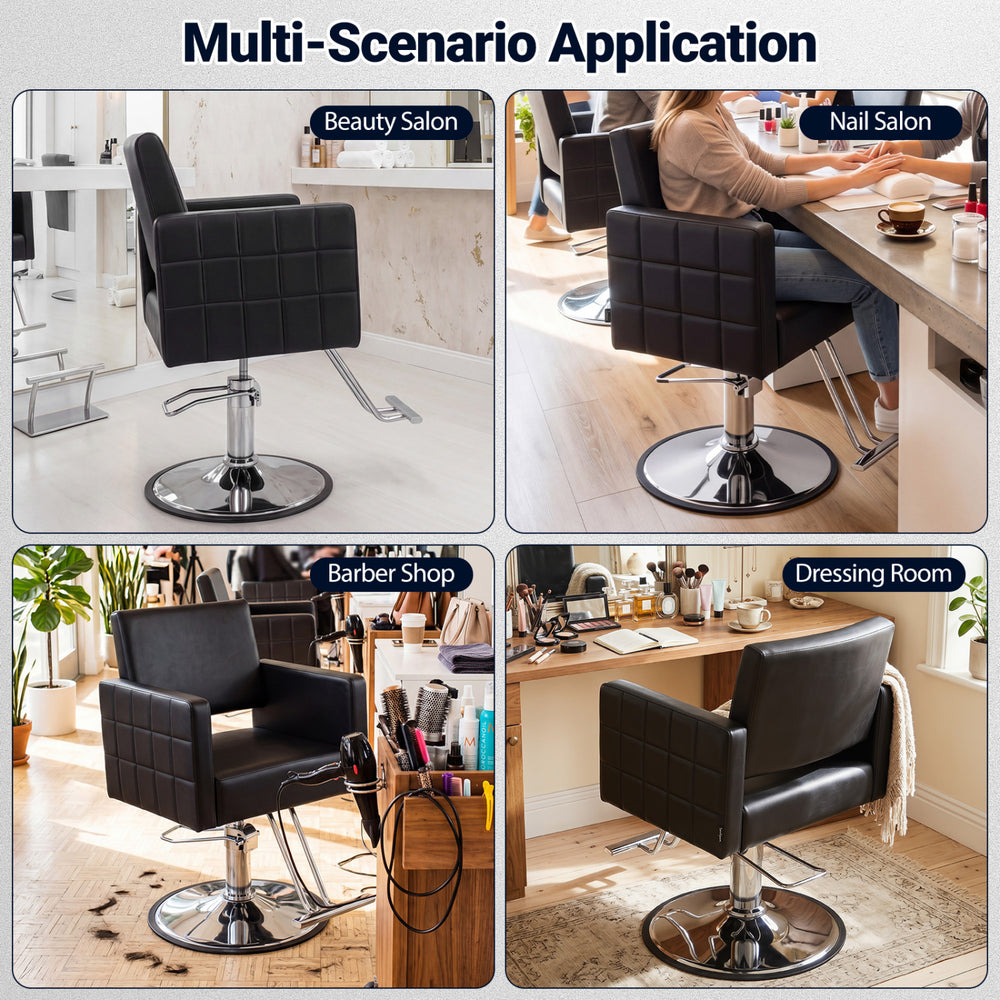 Barber salon chair in black with hydraulic pump, padded armrests, and 360° swivel for comfort in beauty settings.
