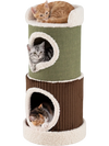 Barrel-shaped cat house with green, brown, and beige colors, featuring two condos and a top perch for indoor cats.