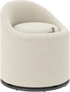Beige barrel chair with hidden storage, soft velvet upholstery, and 360° swivel, perfect for living room or bedroom use.