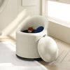 Beige barrel chair with storage, featuring soft velvet upholstery and 360° swivel, perfect for living room or bedroom.