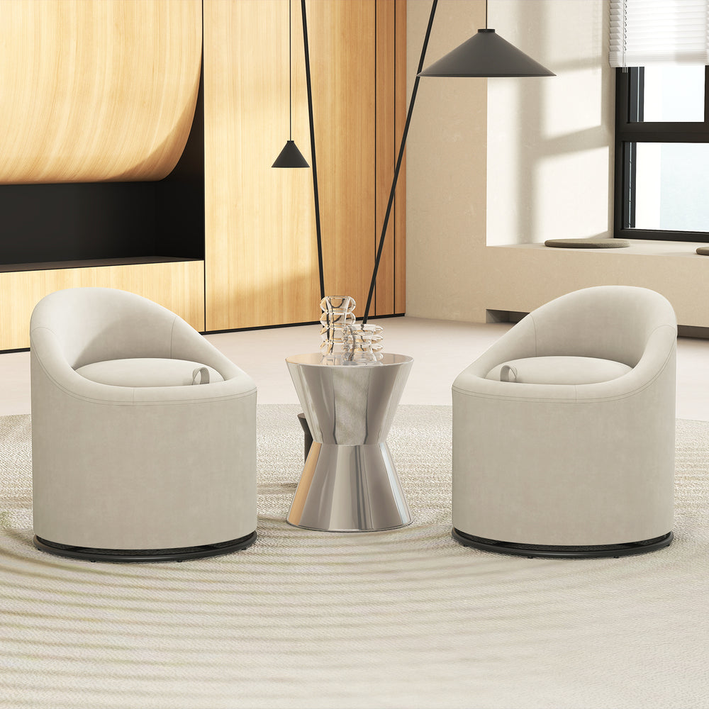Beige barrel chair with a curved backrest and metal base, designed for comfort and storage in stylish interiors.