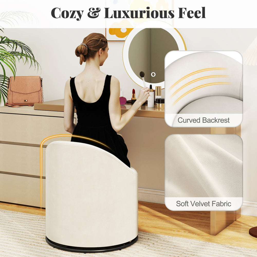 Beige barrel chair with curved backrest and hidden storage, upholstered in soft velvet for a cozy vanity experience.