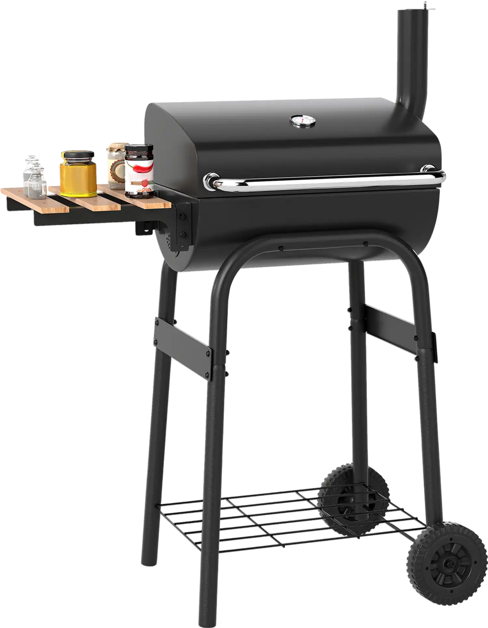 Barrel charcoal grill in black with foldable side table, built-in thermostat, and two wheels for easy transport.