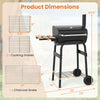 Barrel charcoal grill with foldable side table, built-in thermostat, and dimensions for backyard cooking and storage.