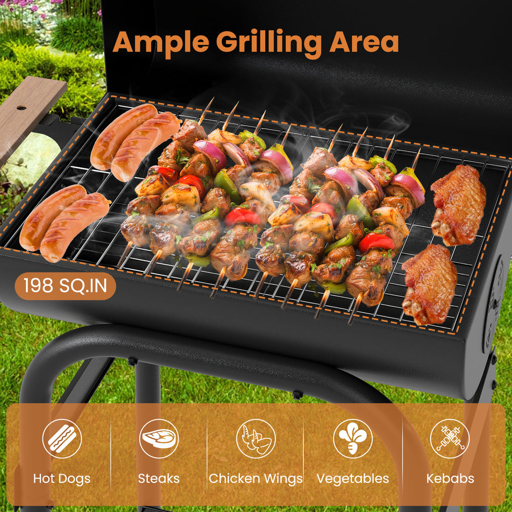 Barrel charcoal grill with ample grilling area, featuring kebabs, hot dogs, and a foldable side table for outdoor.