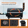Barrel charcoal grill featuring a built-in thermostat, adjustable air vents, and a foldable side table for outdoor.