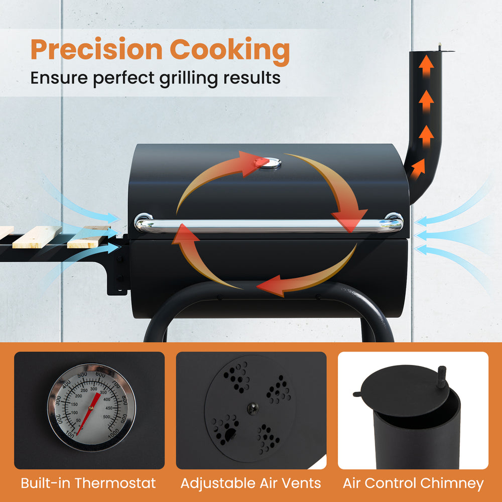 Barrel charcoal grill featuring a built-in thermostat, adjustable air vents, and a foldable side table for outdoor.