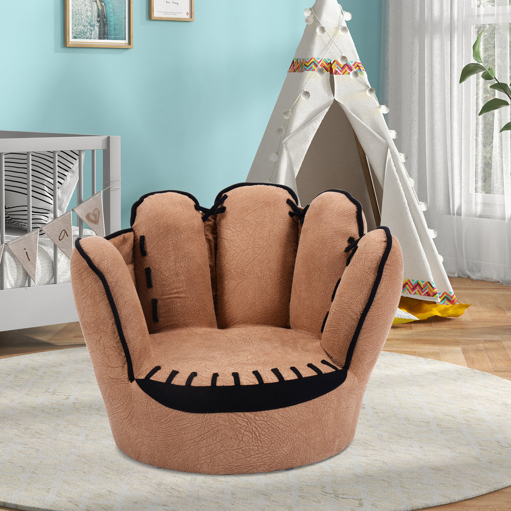 Five fingers baseball glove shaped kids leisure sofa in soft faux suede, perfect for ages 3 to 5 years old.